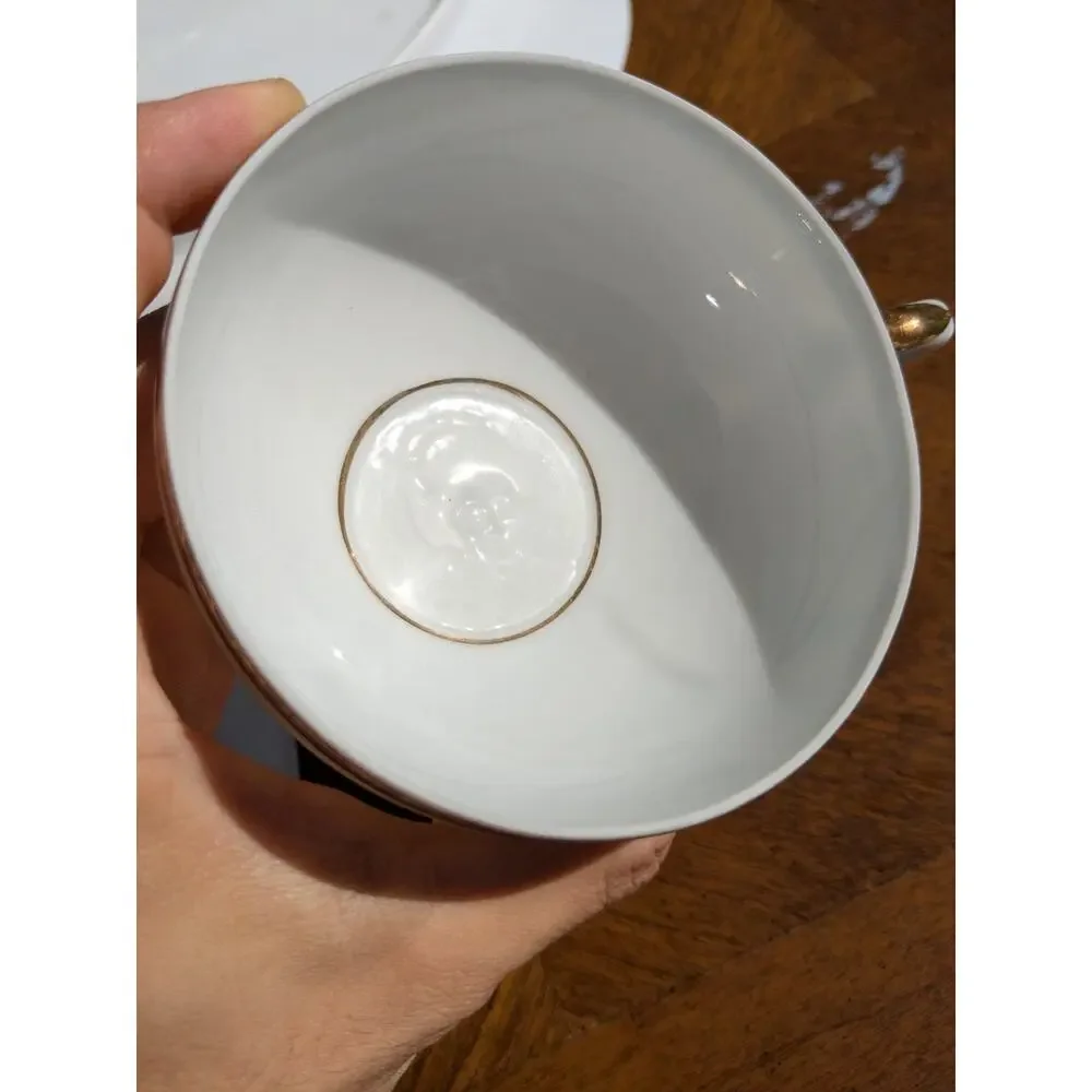Vintage Kutani Hand Painted Japan Platter & Teacup Set - Monochrome Mt Fuji